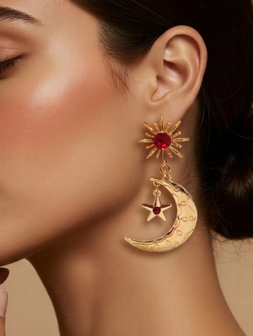 Sun Moon Star Earrings Gold Red CZ Celestial Cosmic Dangle Jewelry Dark Feminine